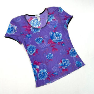 y2k D&G purple floral mesh short sleeve top